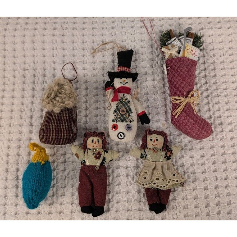 Lot of 6 Vintage Handmade Cloth, Crochet, & Primitive Christmas Ornaments